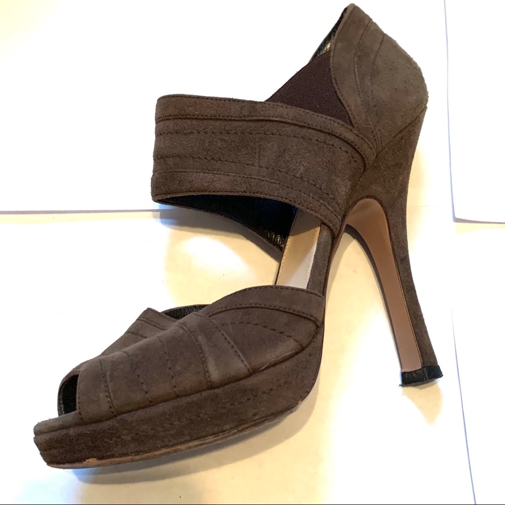 Prada Suede Grey Brown High Peep Heel 37 7 - Picture 12 of 14